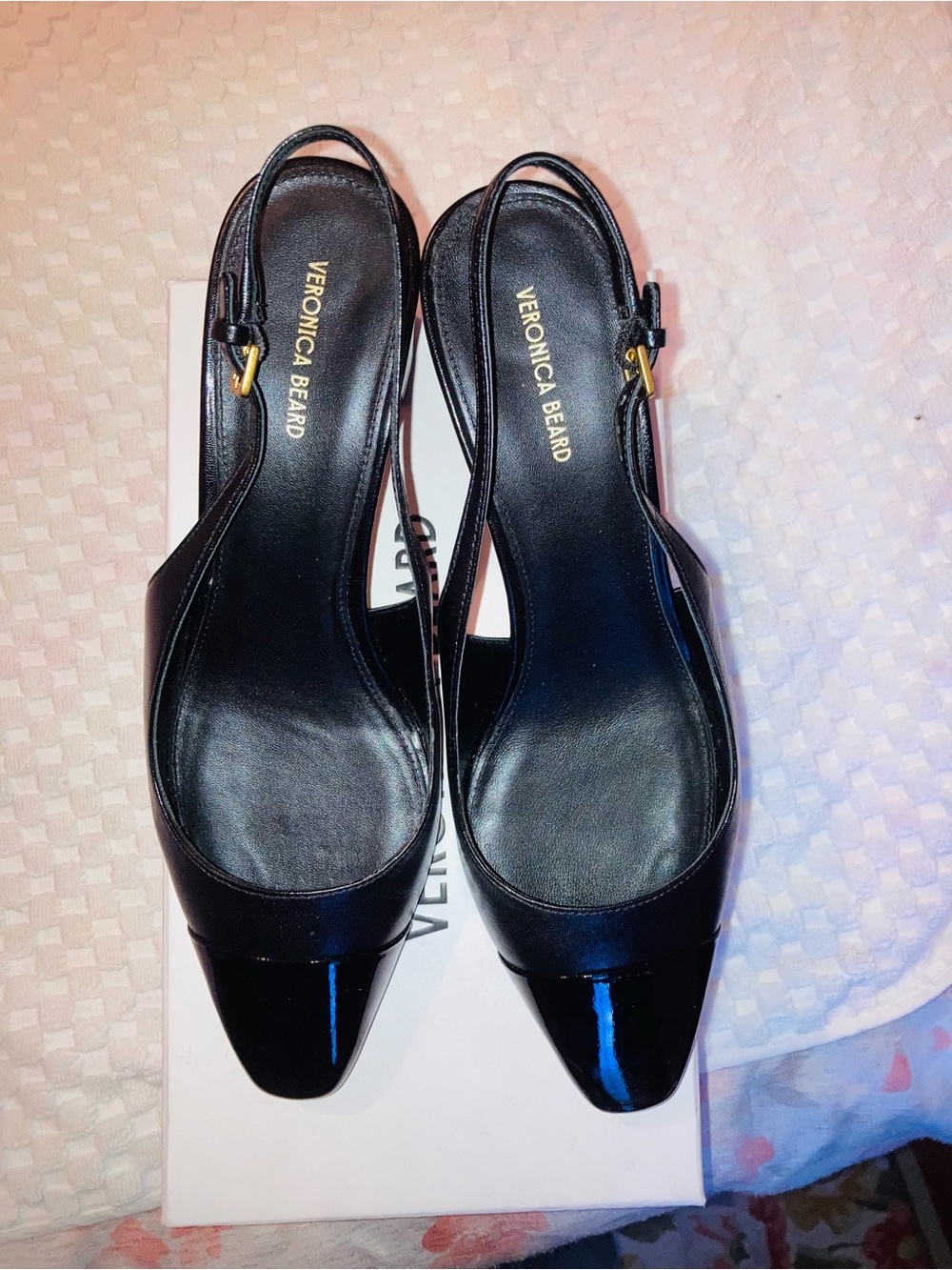 Veronica Beard Black Patent Slingback Pumps with Gold Accent